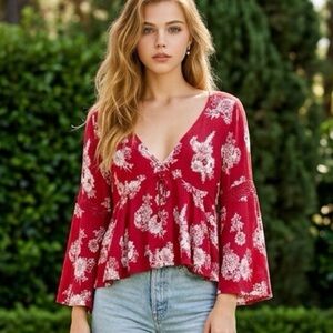 American Rag Floral Red Babydoll Top Women Large Y2K Grunge Cottagecore Festival